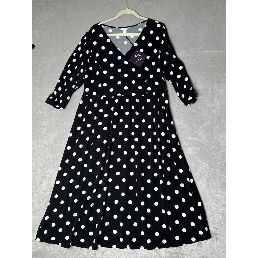 AVA & VIV Women's 2X Black and White Polka Dot Midi Dress with Pockets NWT
